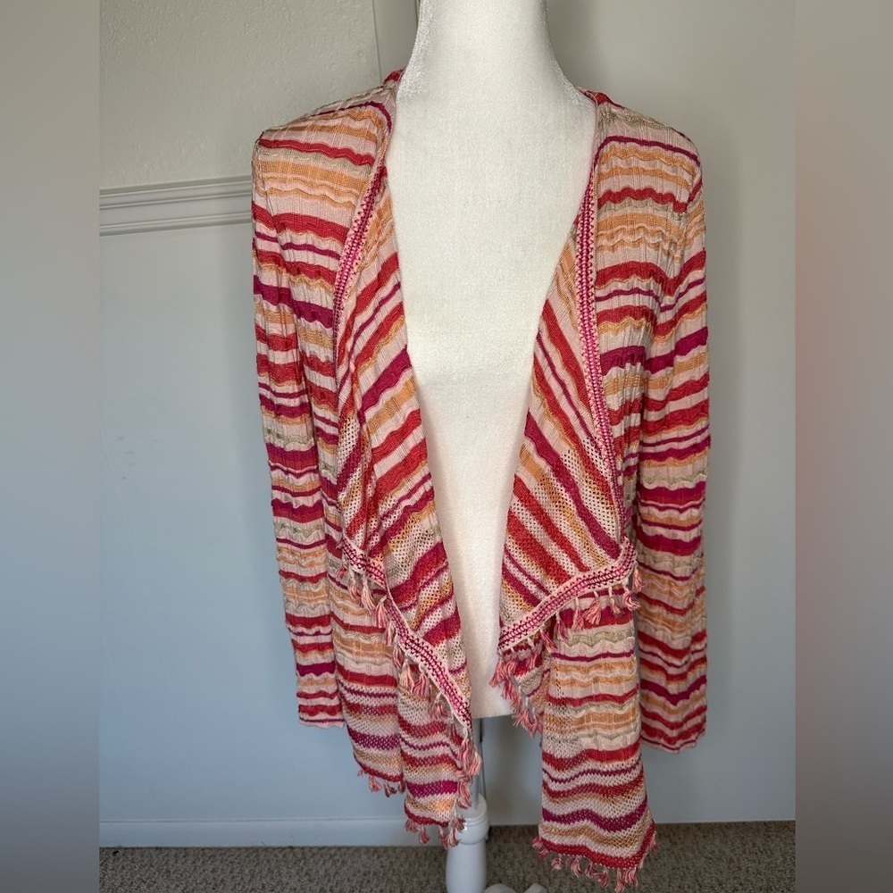 Chicos Cardigan Sweater Open Drape Front Striped Fringe Long Sleeve size 1 (med)